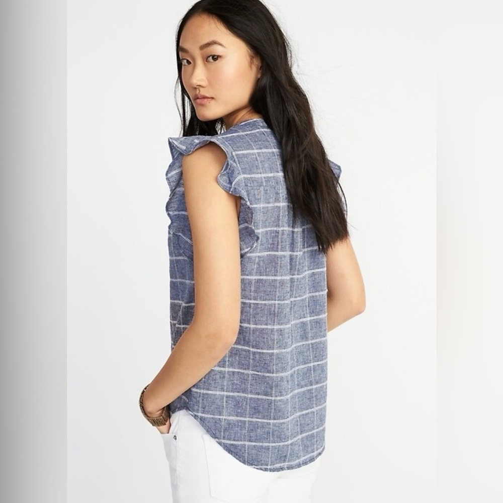 Sleeveless Ruffle Trim Dobby-Windowpane Linen Blend Top Rounded Split Neckline - Picture 2 of 4